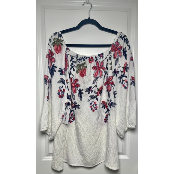 NWT Kindred 2X White Mauve Blue embroidered Floral Blouse Peasant Boho Top Tunic - Picture 2 of 11
